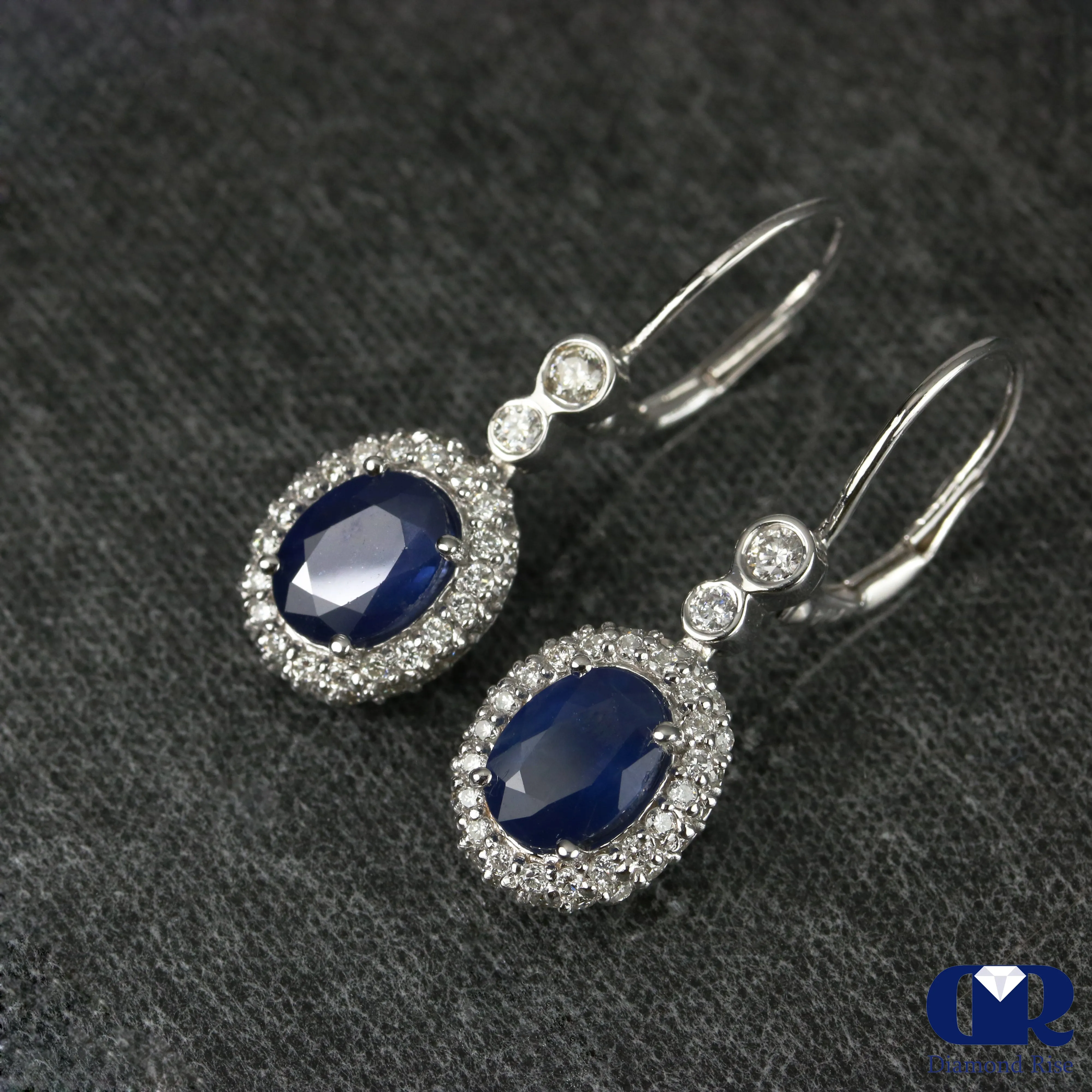Natural Sapphire & Diamond Earrings 14K White Gold With Lever Back