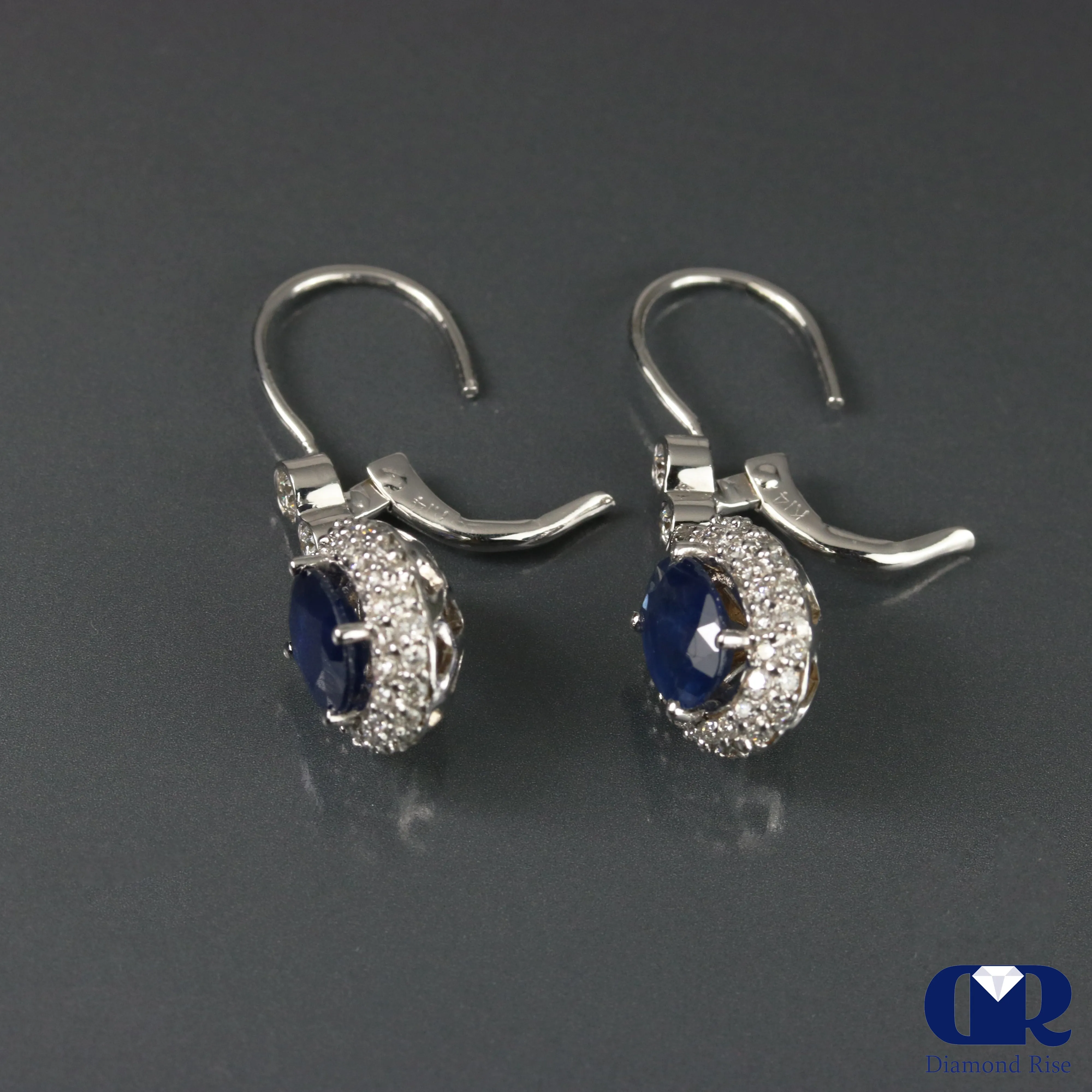 Natural Sapphire & Diamond Earrings 14K White Gold With Lever Back