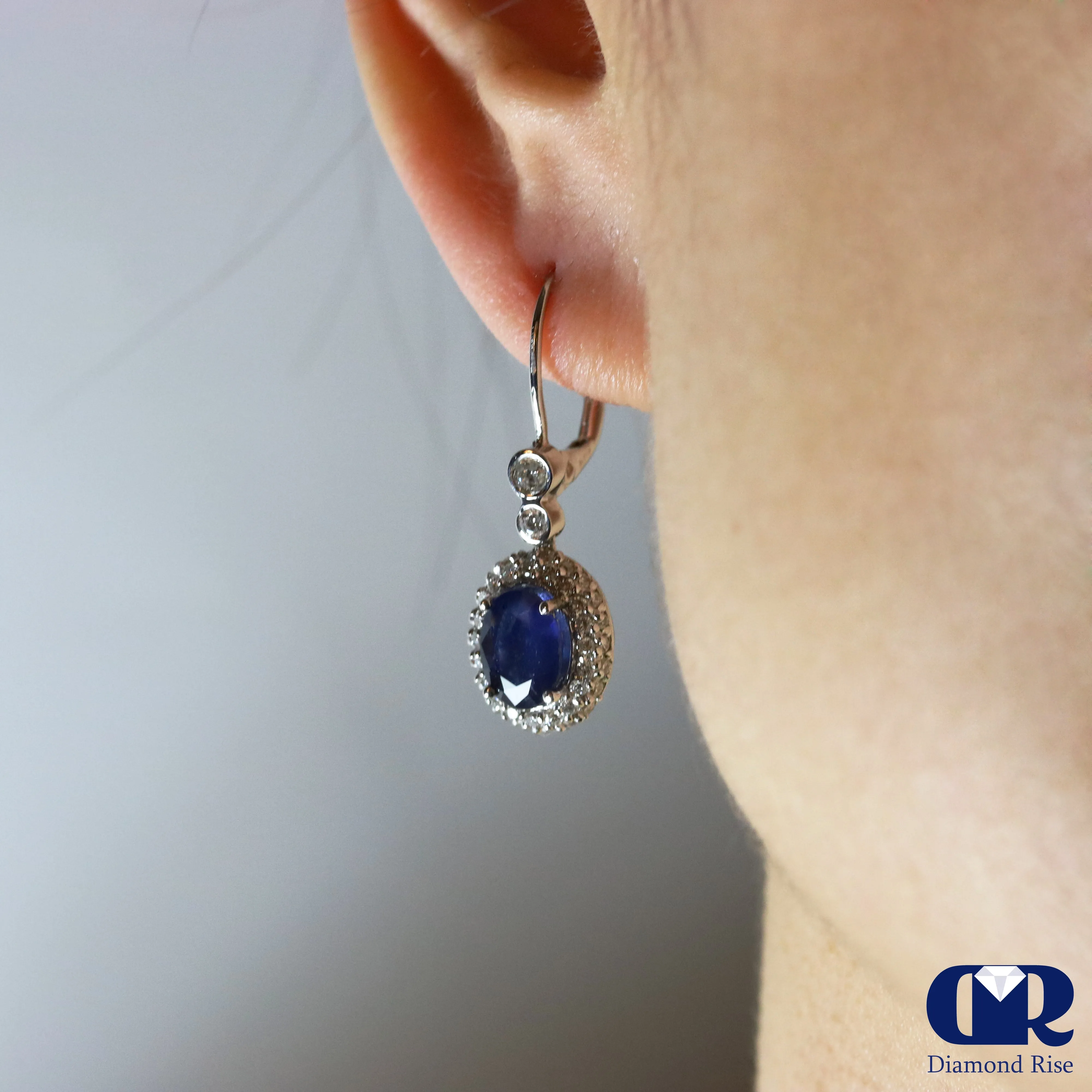 Natural Sapphire & Diamond Earrings 14K White Gold With Lever Back