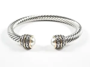 Nice Wire Texture Duo Filigree Style Pearl Ends Brass Bangle
