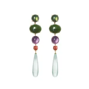 Ole Lynggaard Lotus Earrings Green Tourmaline, Jade, Amethyst, Red Coral & Green Aquamarine
