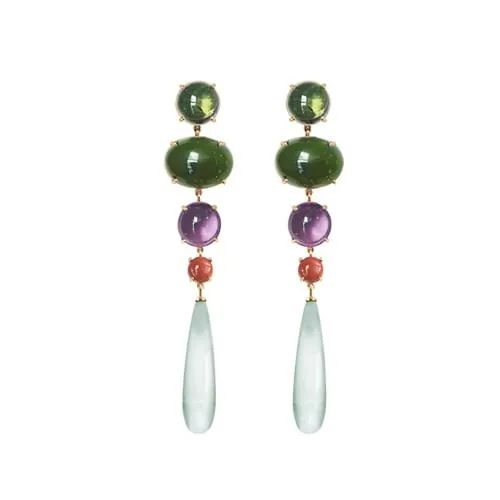 Ole Lynggaard Lotus Earrings Green Tourmaline, Jade, Amethyst, Red Coral & Green Aquamarine