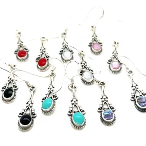Oval Shaped Inlaid Stone Earrings with Delicate Vintage Setting