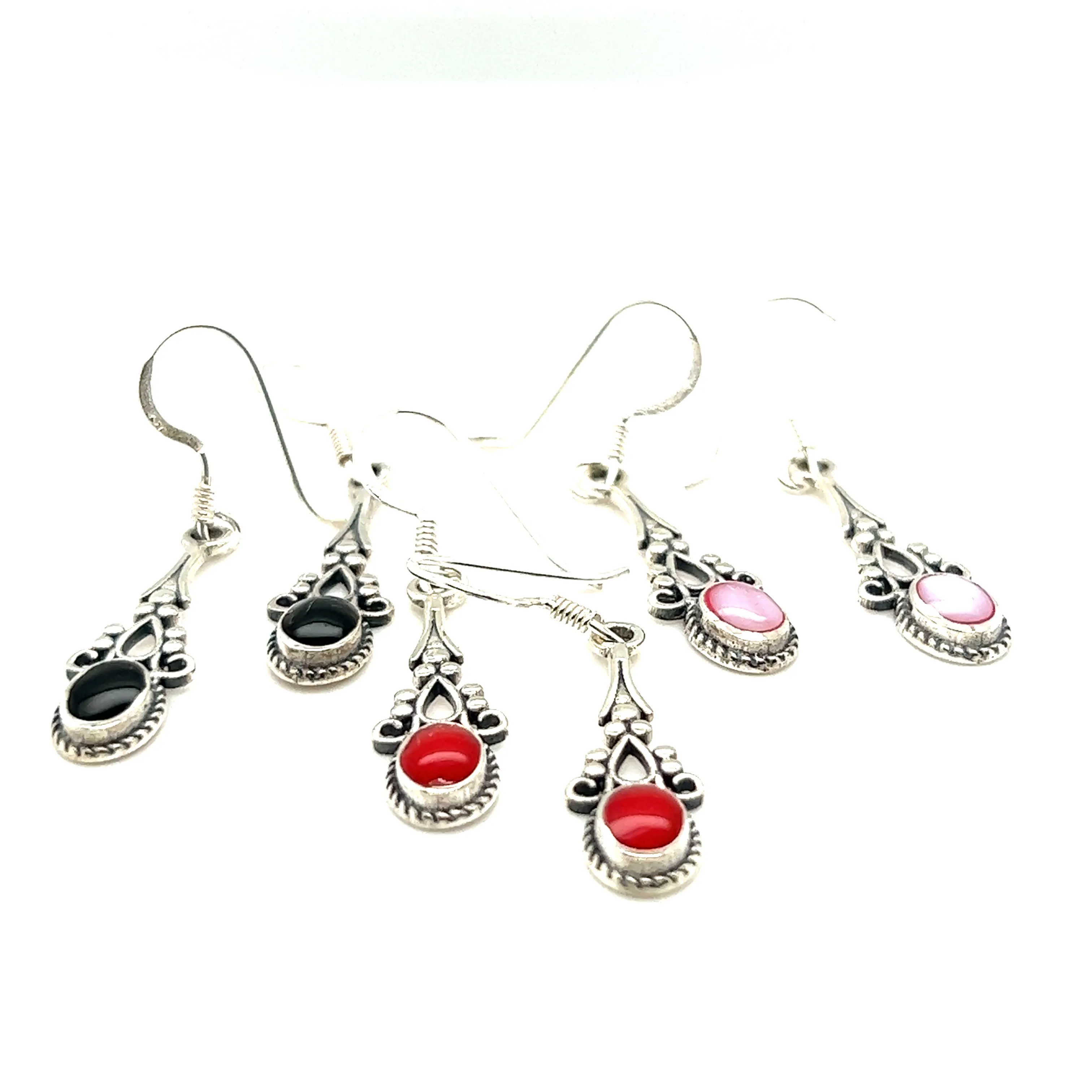 Oval Shaped Inlaid Stone Earrings with Delicate Vintage Setting