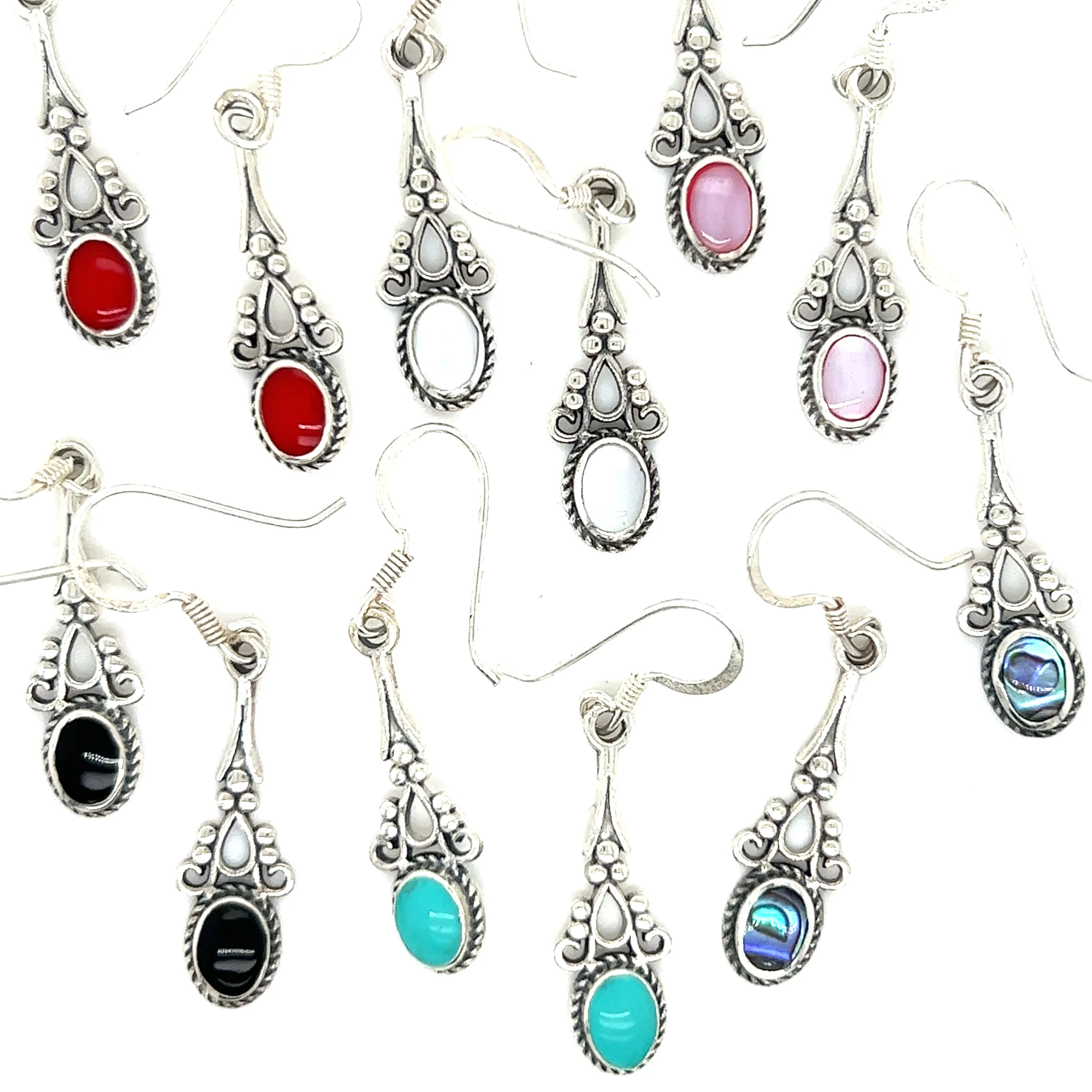 Oval Shaped Inlaid Stone Earrings with Delicate Vintage Setting