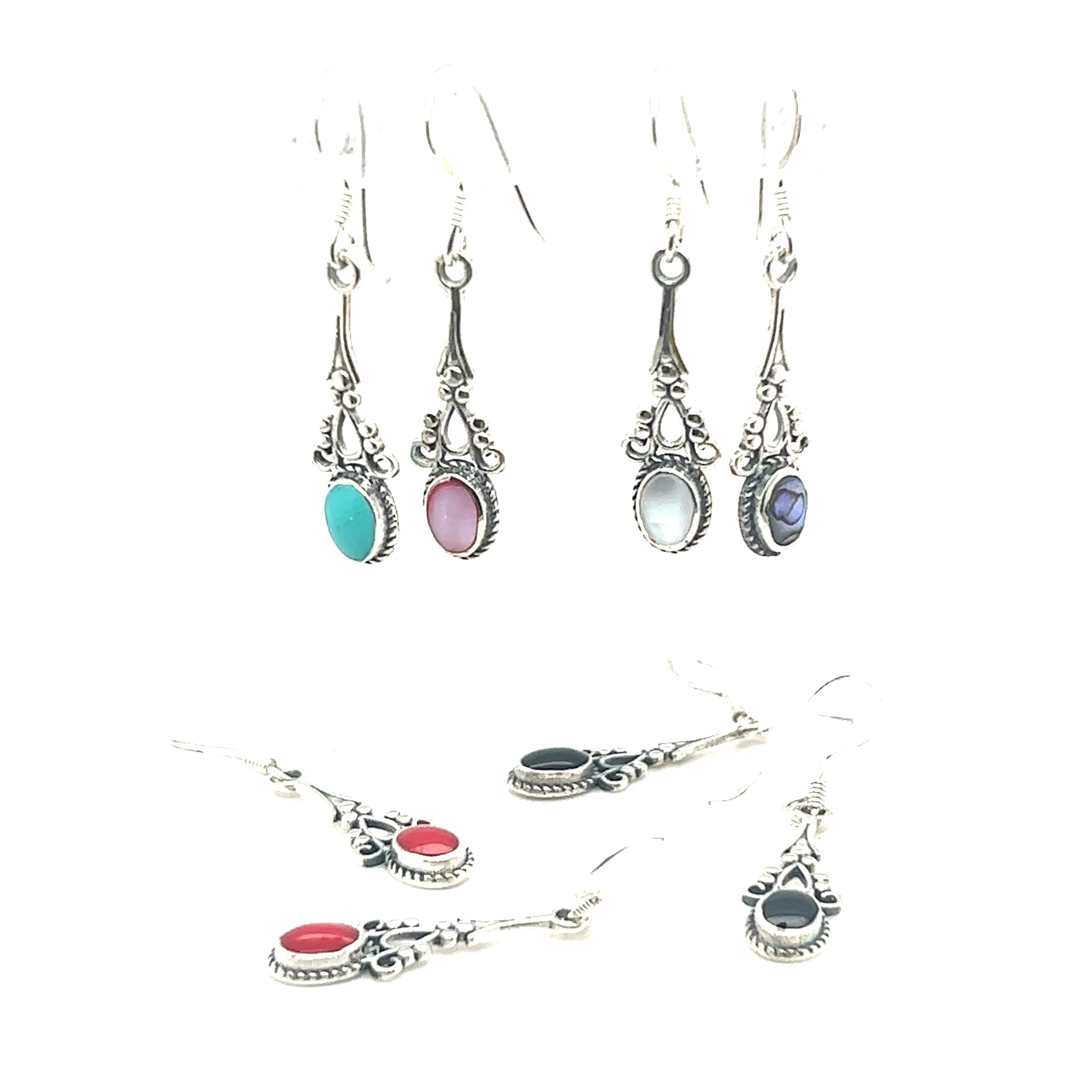 Oval Shaped Inlaid Stone Earrings with Delicate Vintage Setting