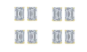 Paris jewelry 14k Yellow Gold 6mm 3Ct Emerald Cut White Sapphire Set Of Four Stud Earrings Plated