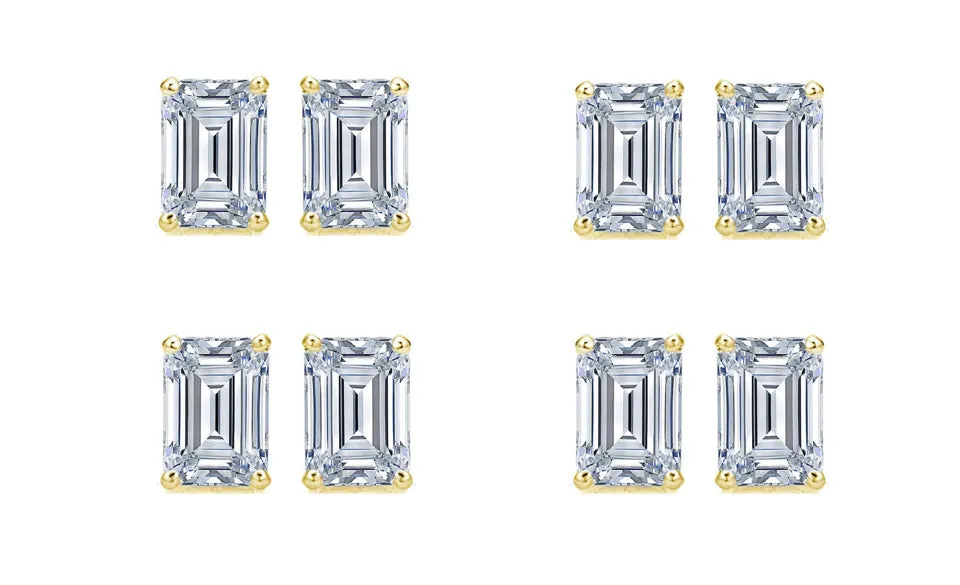 Paris jewelry 14k Yellow Gold 6mm 3Ct Emerald Cut White Sapphire Set Of Four Stud Earrings Plated