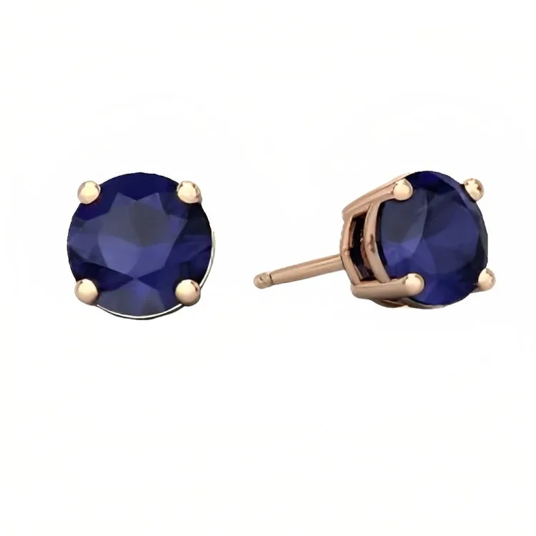 Paris Jewelry 18k Rose Gold 2 Pair Created Blue Sapphire 6mm Round & Princess Cut Stud Earrings Plated