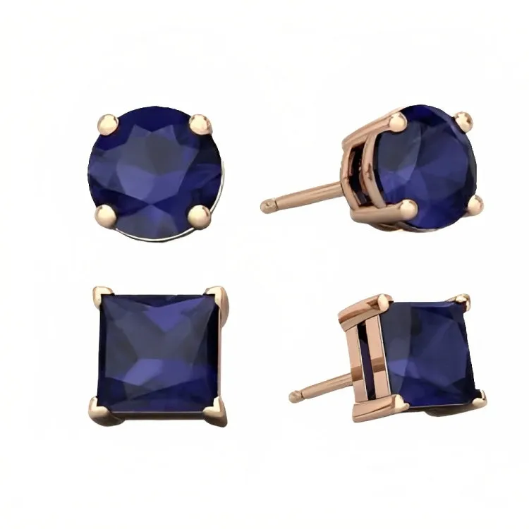 Paris Jewelry 18k Rose Gold 2 Pair Created Blue Sapphire 6mm Round & Princess Cut Stud Earrings Plated