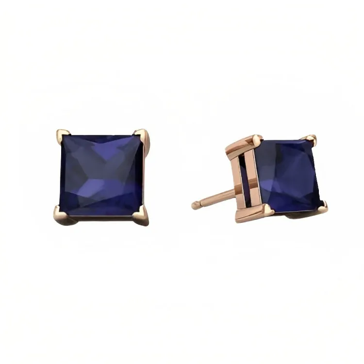 Paris Jewelry 18k Rose Gold 2 Pair Created Blue Sapphire 6mm Round & Princess Cut Stud Earrings Plated