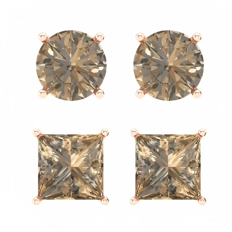 Paris Jewelry 18k Rose Gold 2 Pair Created Champagne 4mm, 6mm Round & Princess Cut Stud Earrings Plated