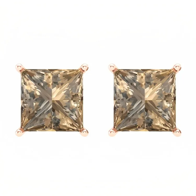 Paris Jewelry 18k Rose Gold 2 Pair Created Champagne 4mm, 6mm Round & Princess Cut Stud Earrings Plated