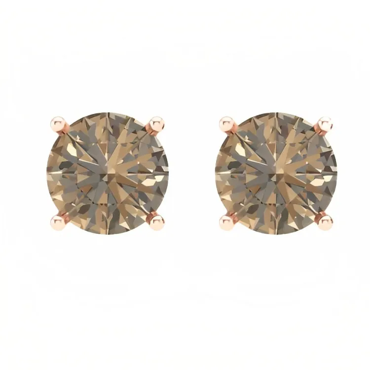 Paris Jewelry 18k Rose Gold 2 Pair Created Champagne 4mm, 6mm Round & Princess Cut Stud Earrings Plated