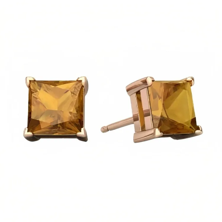 Paris Jewelry 18k Rose Gold 2 Pair Created Citrine 4mm, 6mm Round & Princess Cut Stud Earrings Plated