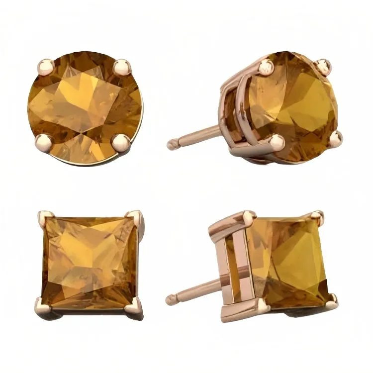 Paris Jewelry 18k Rose Gold 2 Pair Created Citrine 4mm, 6mm Round & Princess Cut Stud Earrings Plated