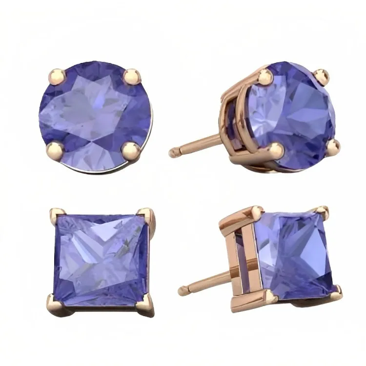 Paris Jewelry 18k Rose Gold 2 Pair Created Tanzanite 6mm Round & Princess Cut Stud Earrings Plated
