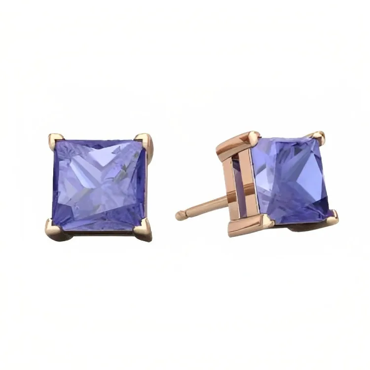 Paris Jewelry 18k Rose Gold 2 Pair Created Tanzanite 6mm Round & Princess Cut Stud Earrings Plated