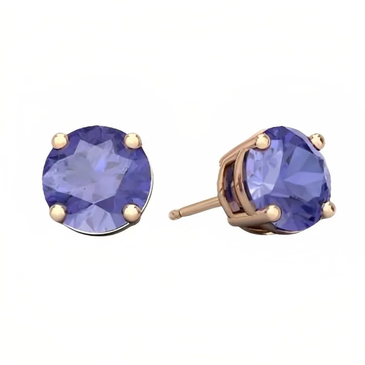 Paris Jewelry 18k Rose Gold 2 Pair Created Tanzanite 6mm Round & Princess Cut Stud Earrings Plated