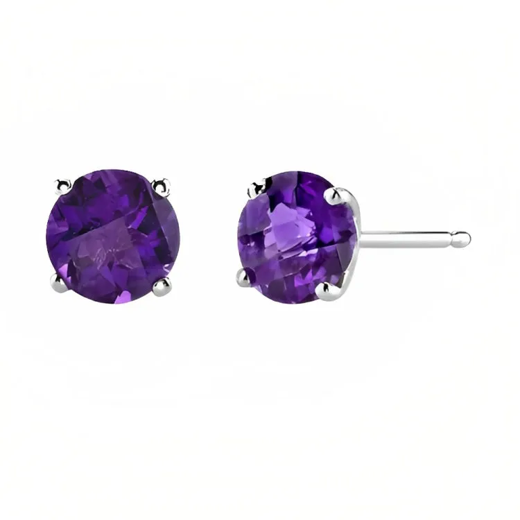 Paris Jewelry 18k White Gold 2 Pair Created Amethyst 4mm, 6mm Round & Princess Cut Stud Earrings Plated