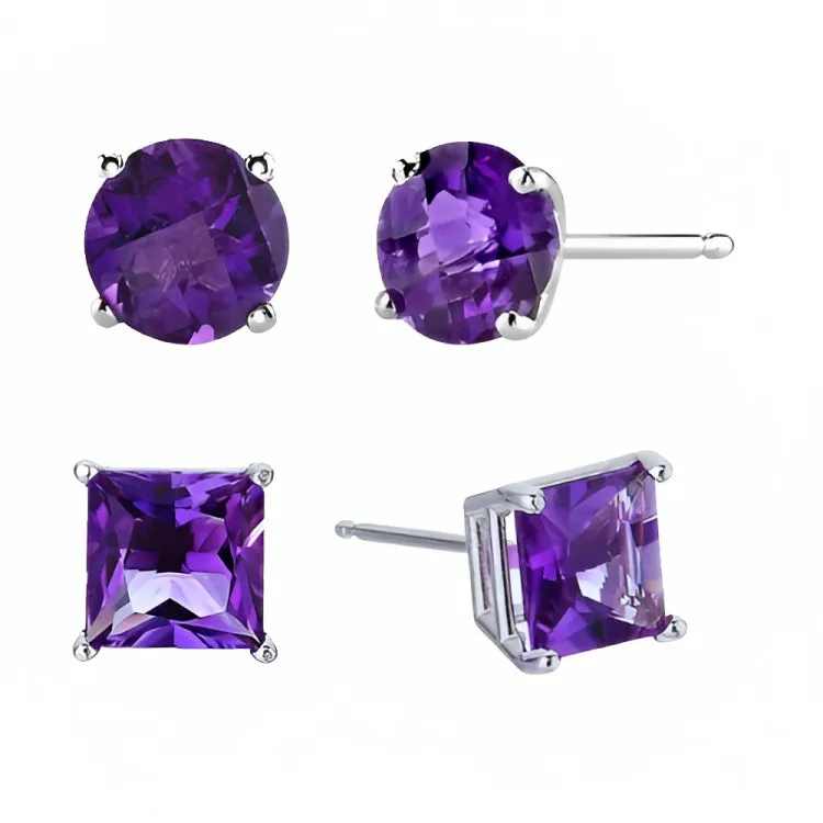 Paris Jewelry 18k White Gold 2 Pair Created Amethyst 4mm, 6mm Round & Princess Cut Stud Earrings Plated