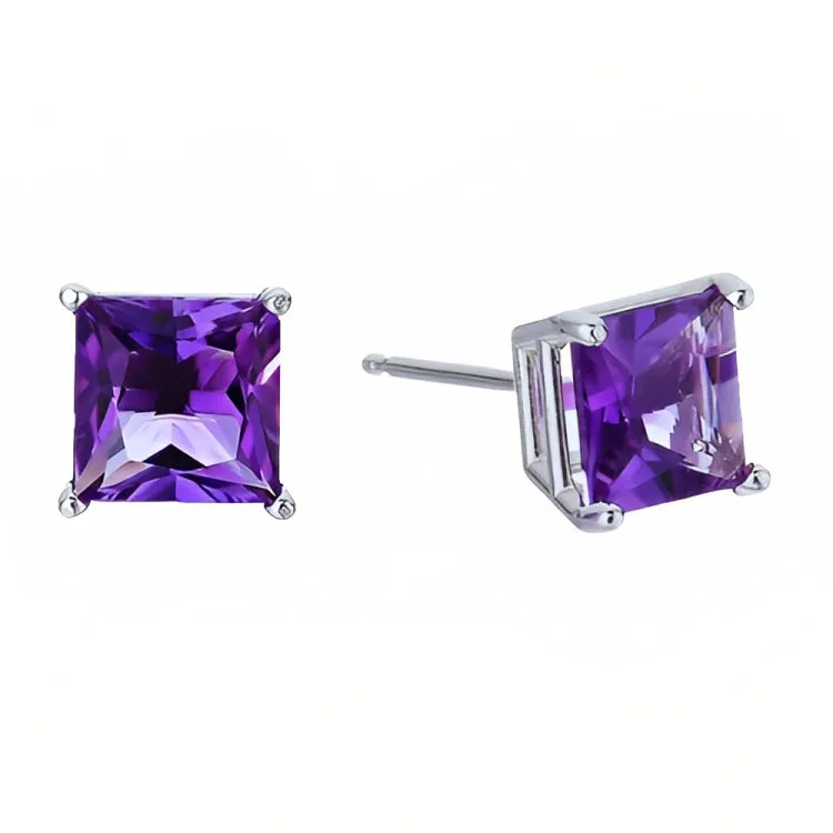 Paris Jewelry 18k White Gold 2 Pair Created Amethyst 4mm, 6mm Round & Princess Cut Stud Earrings Plated