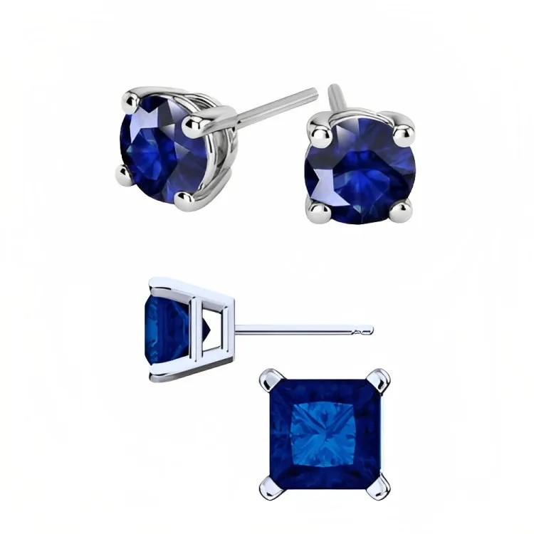 Paris Jewelry 18k White Gold 2 Pair Created Blue Sapphire 4mm, 6mm Round & Princess Cut Stud Earrings Plated