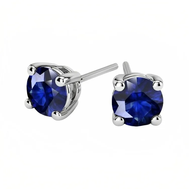 Paris Jewelry 18k White Gold 2 Pair Created Blue Sapphire 4mm, 6mm Round & Princess Cut Stud Earrings Plated