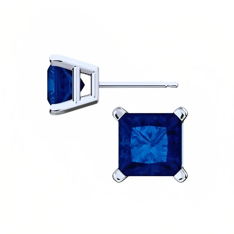 Paris Jewelry 18k White Gold 2 Pair Created Blue Sapphire 4mm, 6mm Round & Princess Cut Stud Earrings Plated