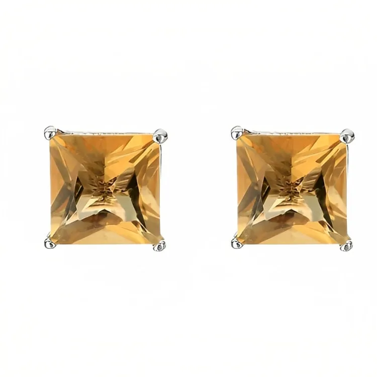Paris Jewelry 18k White Gold 2 Pair Created Citrine 4mm, 6mm Round & Princess Cut Stud Earrings Plated