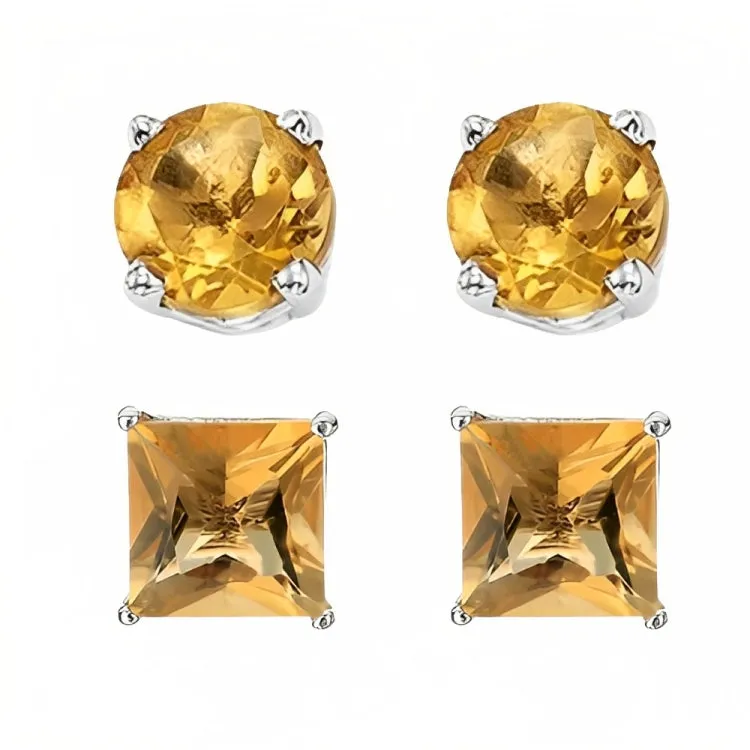 Paris Jewelry 18k White Gold 2 Pair Created Citrine 4mm, 6mm Round & Princess Cut Stud Earrings Plated