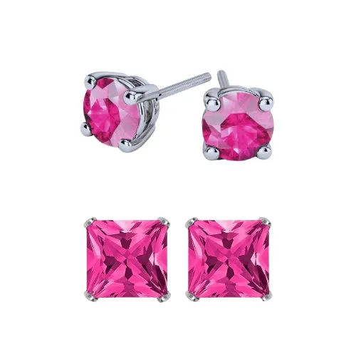 Paris Jewelry 18k White Gold 2 Pair Created Tourmaline 4mm Round & Princess Cut Stud Earrings Plated