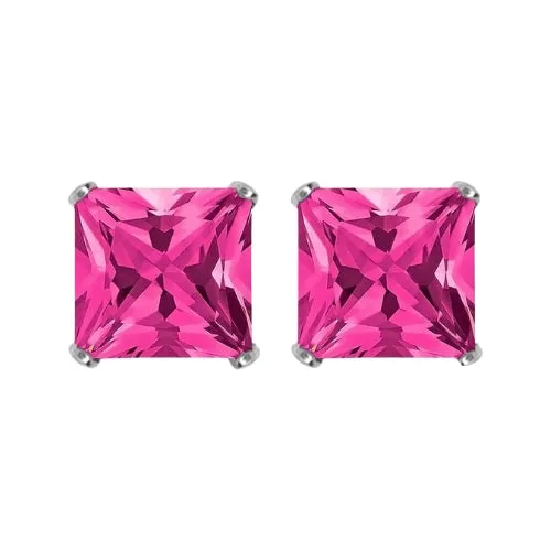 Paris Jewelry 18k White Gold 2 Pair Created Tourmaline 4mm Round & Princess Cut Stud Earrings Plated