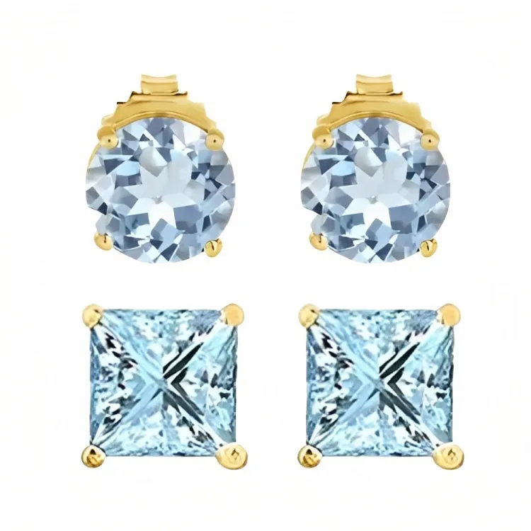 Paris Jewelry 18k Yellow Gold 2 Pair Created Aquamarine 4mm, 6mm Round & Princess Cut Stud Earrings Plated