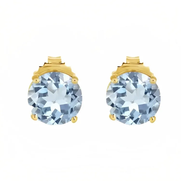 Paris Jewelry 18k Yellow Gold 2 Pair Created Aquamarine 6mm Round & Princess Cut Stud Earrings Plated
