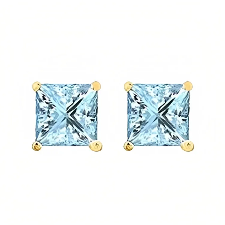 Paris Jewelry 18k Yellow Gold 2 Pair Created Aquamarine 6mm Round & Princess Cut Stud Earrings Plated