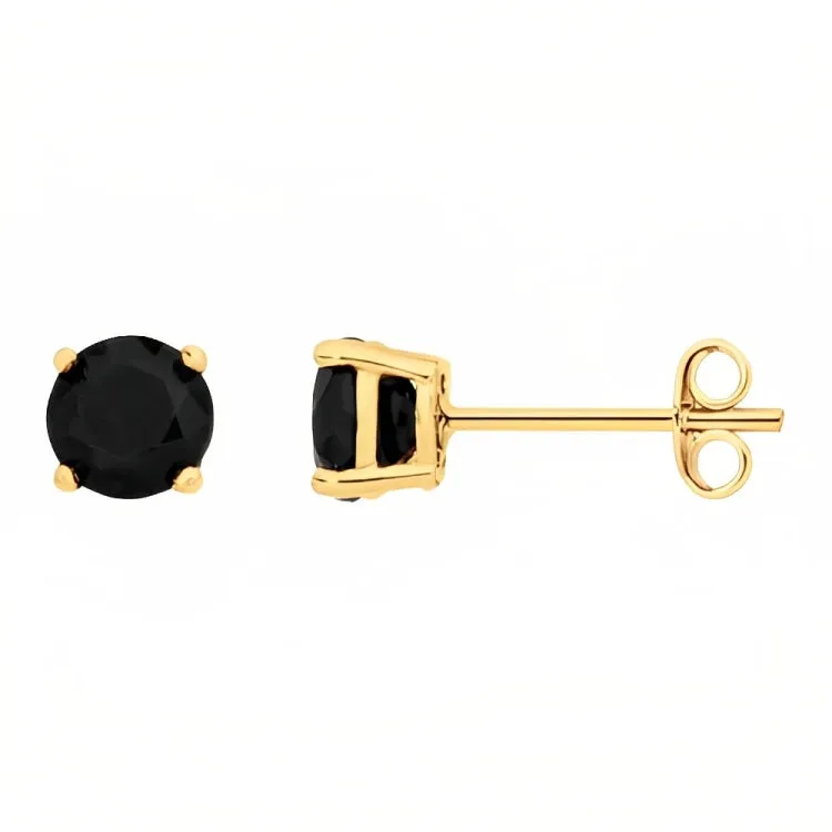 Paris Jewelry 18k Yellow Gold 2 Pair Created Black Sapphire 4mm, 6mm Round & Princess Cut Stud Earrings Plated