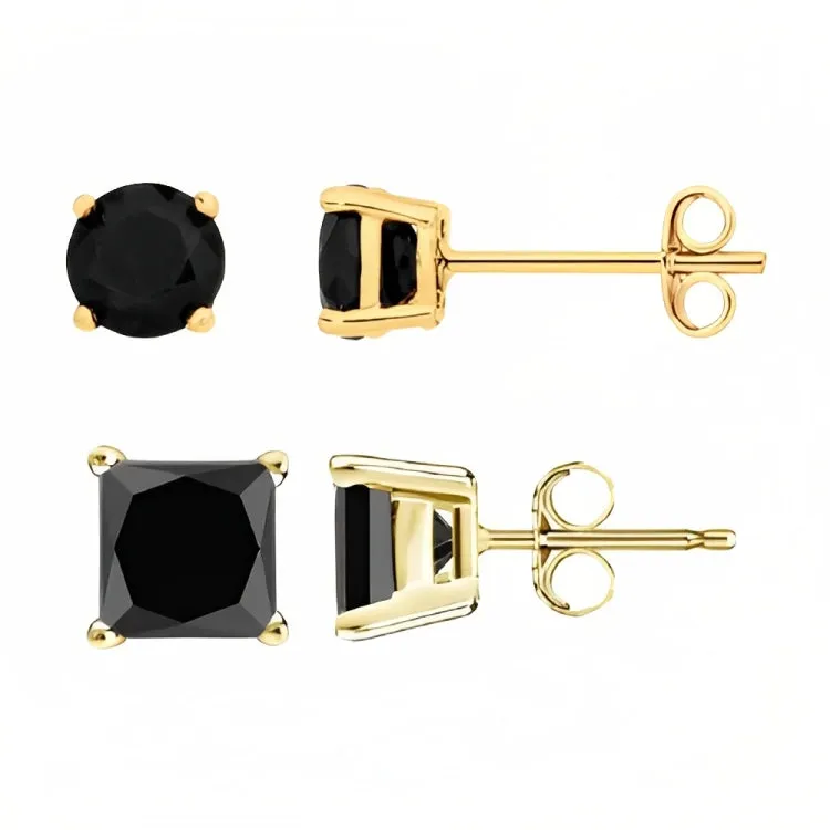 Paris Jewelry 18k Yellow Gold 2 Pair Created Black Sapphire 4mm, 6mm Round & Princess Cut Stud Earrings Plated