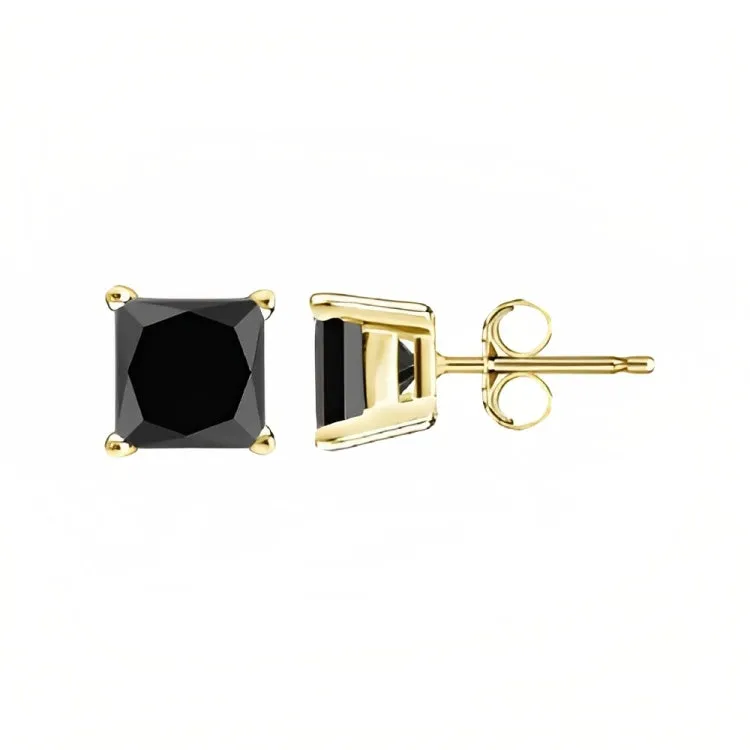 Paris Jewelry 18k Yellow Gold 2 Pair Created Black Sapphire 4mm, 6mm Round & Princess Cut Stud Earrings Plated