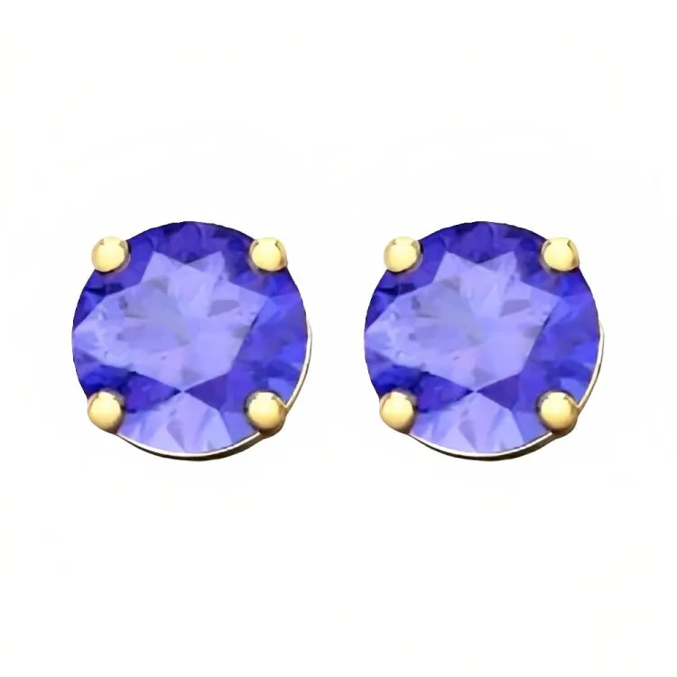 Paris Jewelry 18k Yellow Gold 2 Pair Created Tanzanite 6mm Round & Princess Cut Stud Earrings Plated