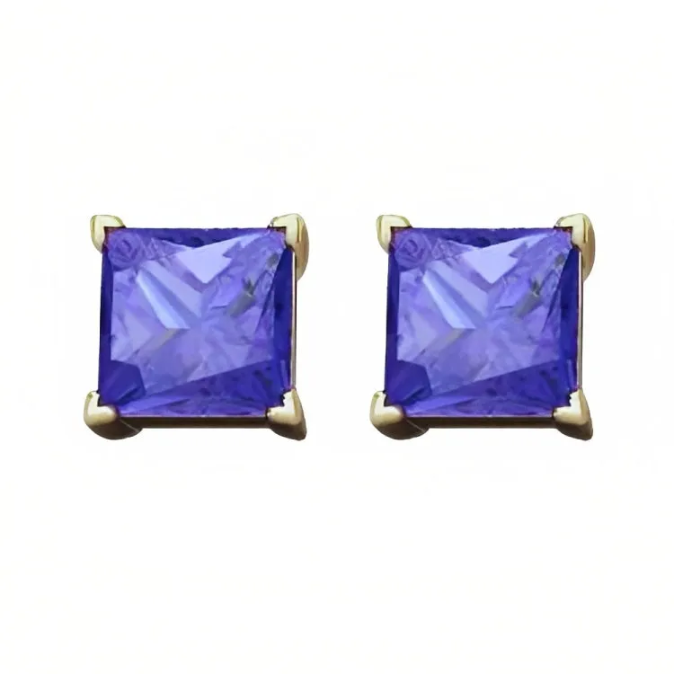 Paris Jewelry 18k Yellow Gold 2 Pair Created Tanzanite 6mm Round & Princess Cut Stud Earrings Plated