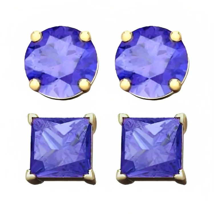 Paris Jewelry 18k Yellow Gold 2 Pair Created Tanzanite 6mm Round & Princess Cut Stud Earrings Plated