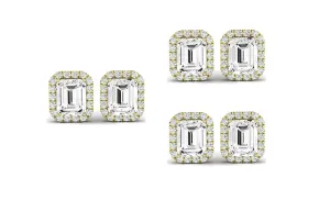 Paris jewelry 18k Yellow Gold 3Ct Emerald Cut White Sapphire Set Of Three Halo Stud Earrings Plated