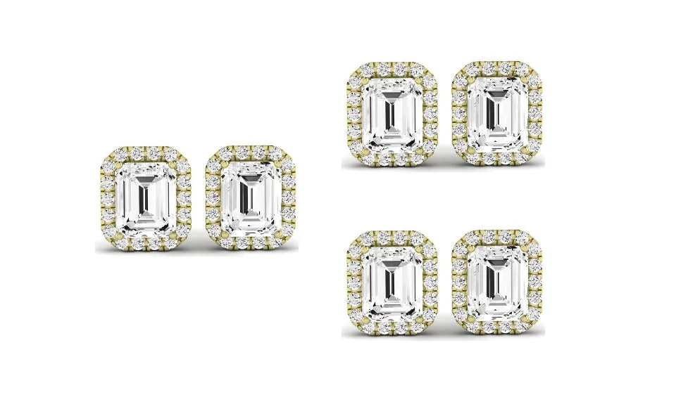 Paris jewelry 18k Yellow Gold 6mm 3Ct Emerald Cut White Sapphire Set Of Three Halo Stud Earrings Plated