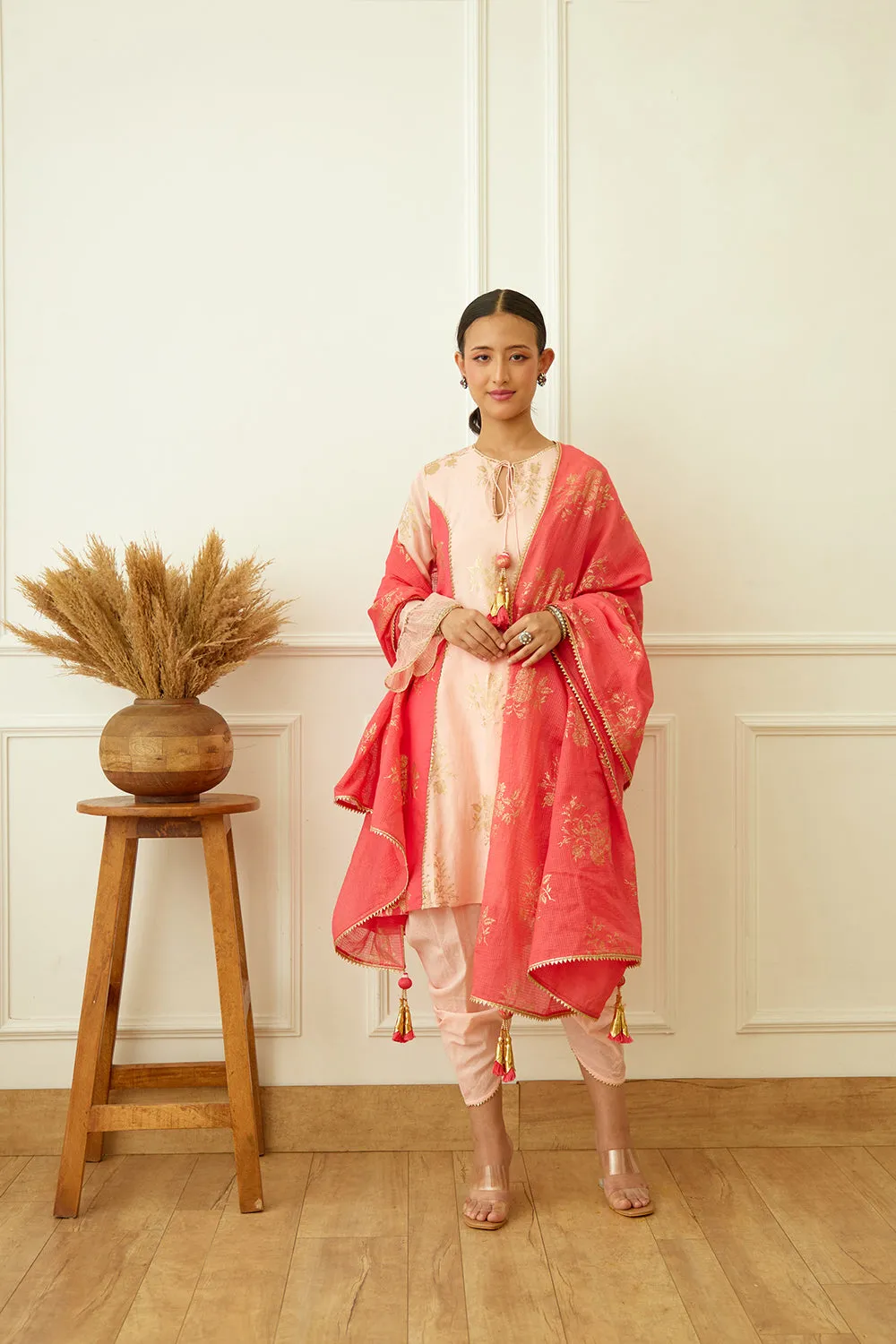 Peach Foil Dhoti Set