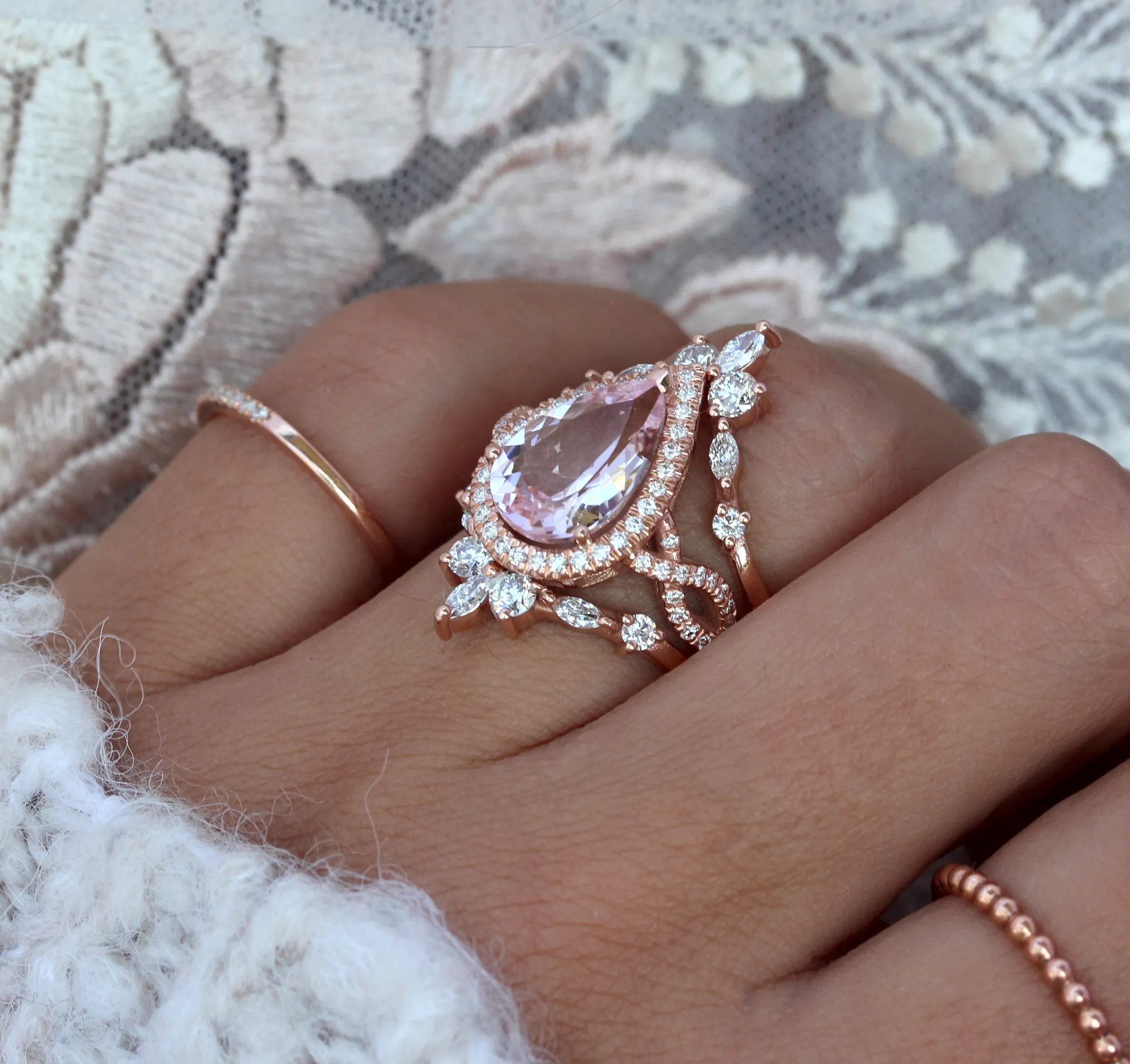 Pear Pink Morganite Twist Shank Band  Engagement Ring & "Iceland" Ring Guard Wedding Set - "Elise"