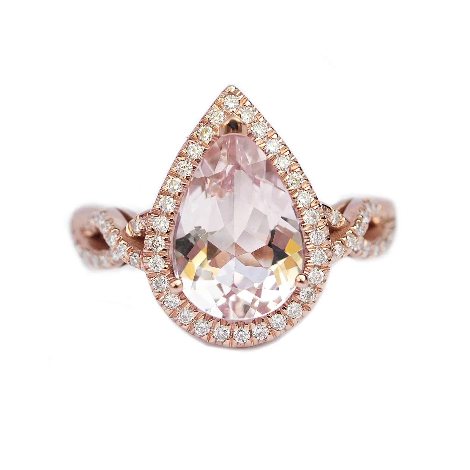 Pear Pink Morganite Twist Shank Band  Engagement Ring & "Iceland" Ring Guard Wedding Set - "Elise"