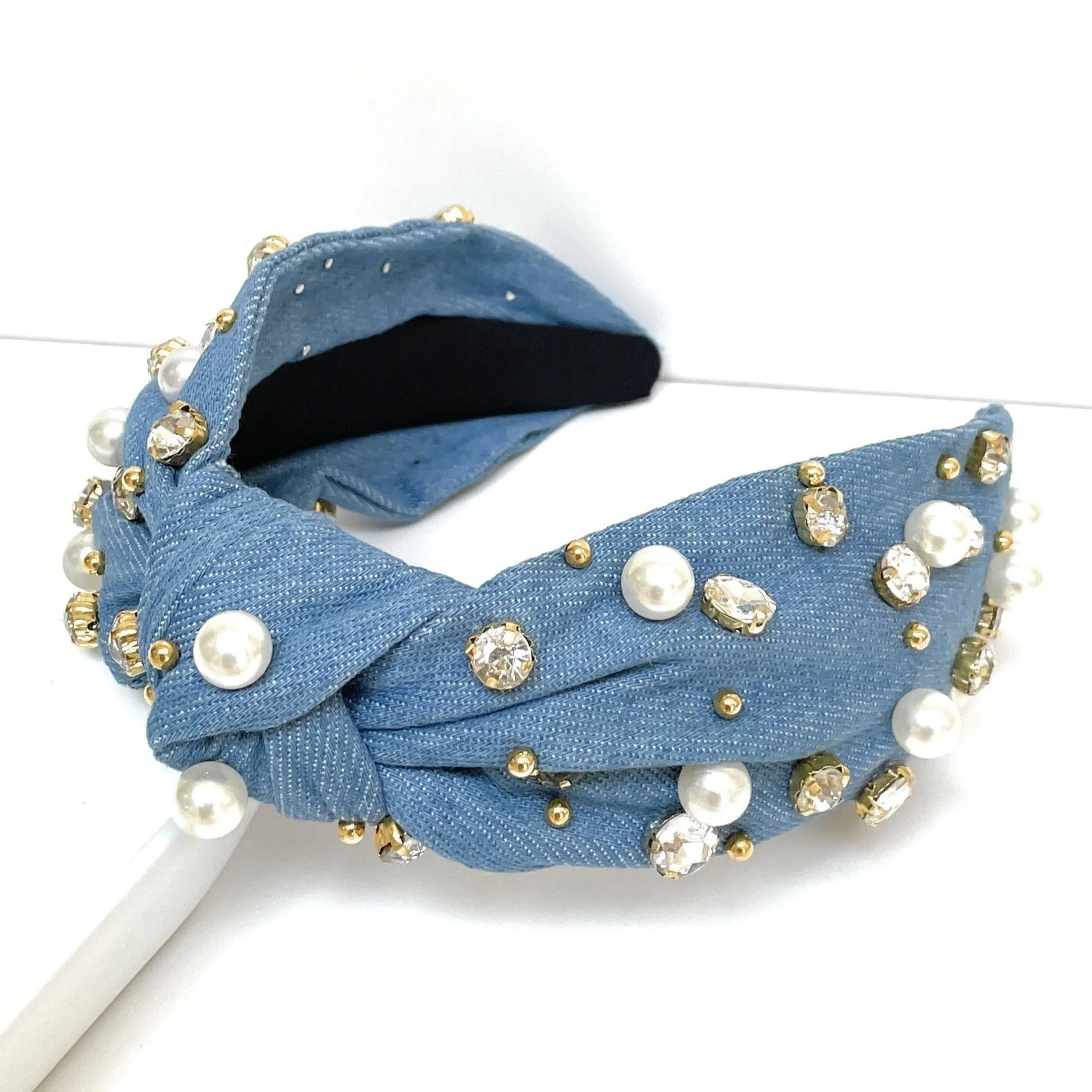 Pearly Denim Knot Jeweled Headband