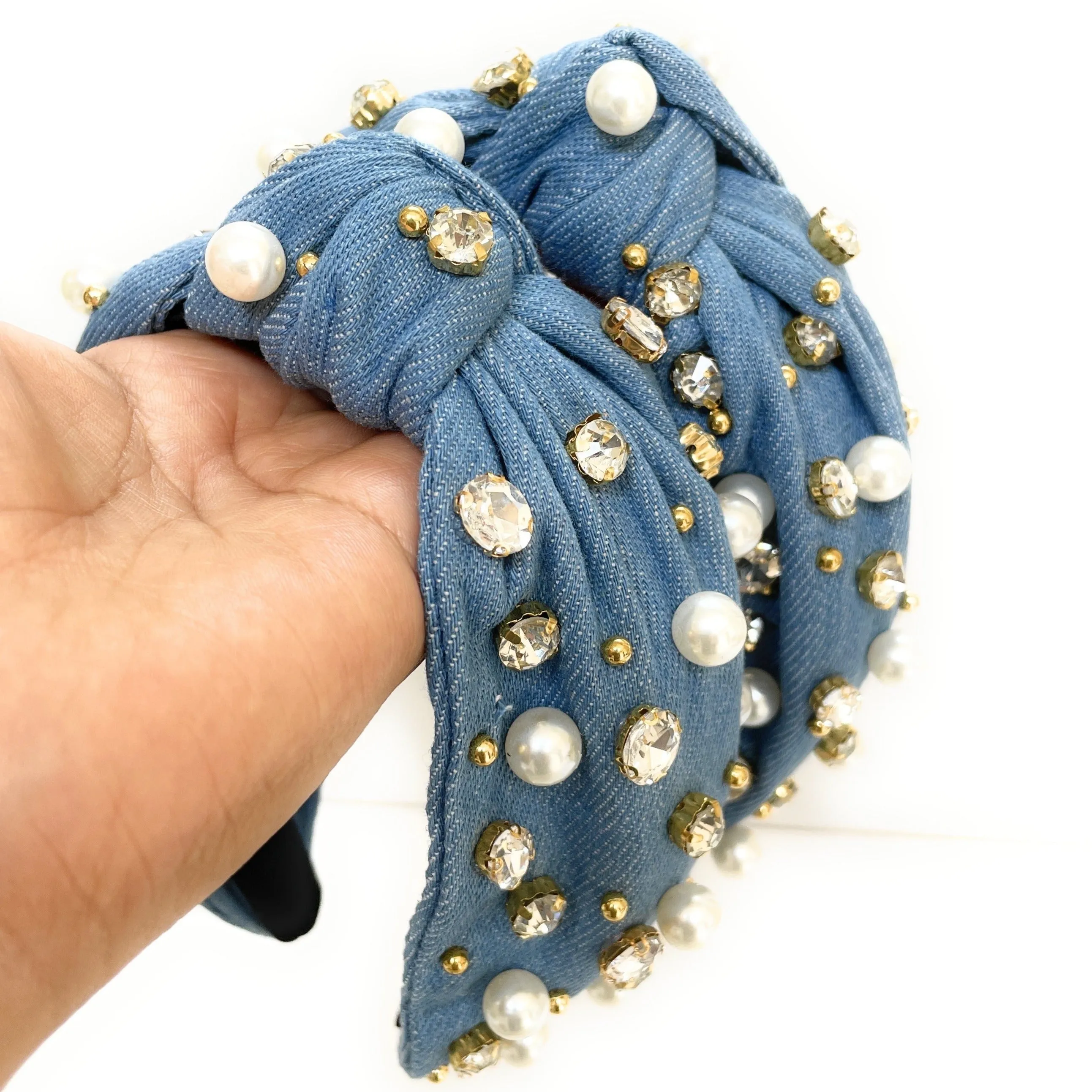 Pearly Denim Knot Jeweled Headband