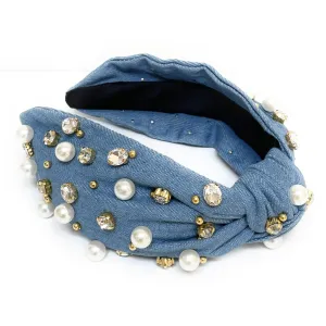 Pearly Denim Knot Jeweled Headband